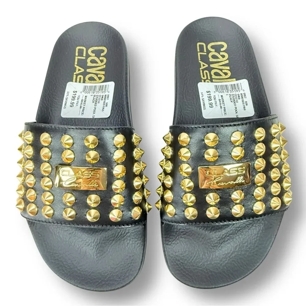 Roberto Cavalli Studded Leather Pool Slides Black Sz 5 Euro Summer Edgy Mob Wife